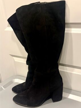Women's Black Suede Knee Boots Wide Calf with Block Heel